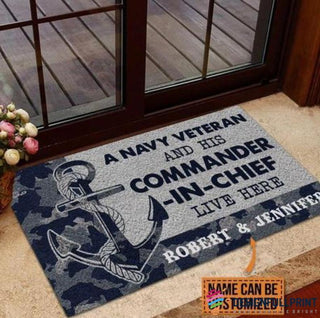 Gift For Veteran Lover Military Doormats Retired Soldier Personalized US Navy Veteran And His Commander In Chief Live Here Veteran Camo Couple Live Here Doormat HG