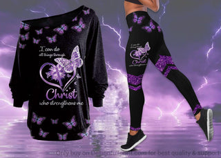 Purple Fibromyalgia Awareness Christ Strengthens Me Off Shoulder Long Sleeves Top and Leggings Set HG