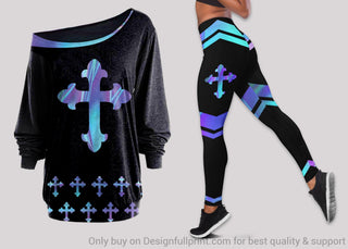 Gift For Christian Jesus Cross Off Shoulder Long Sleeve Top and Leggings Set