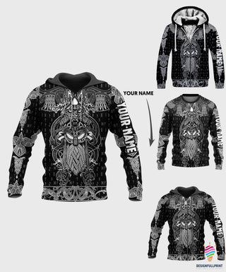 Gift For Viking Lover Black And White Viking Odin Viking Pattern Personalized Pullover or Zip Up Hoodie or Long Sleeve Shirt or Fleece Hoodie