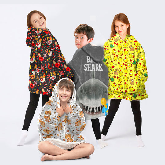 4 Kid Combo Roar Tiger Cartoon Chickens Folk Art Chickens Baby Shark Wearable Blanket Kid Snug Hoodie