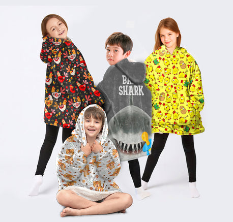 4 Kid Combo Roar Tiger Cartoon Chickens Folk Art Chickens Baby Shark Wearable Blanket Kid Snug Hoodie