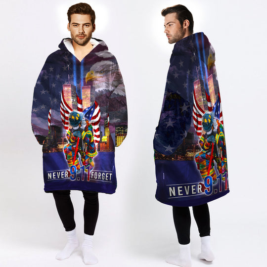 Firefighter Gift Fireman Gift Patriots Day Never Forget 911 Firefighter Wearable Blanket Snug Hoodie For Teens And Adults HG