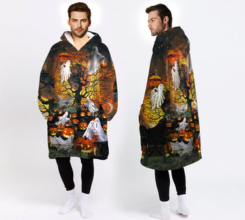 Halloween Gift World Of Ghost Boo And Pumpkins Wearable Blanket Snug Hoodie For Teens And Adults HG