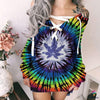 Gift For Hippie Pot Leaf Tie Dye Sexy Lace up Deep V-neck Off Shoulder Long Sleeve Dress LN