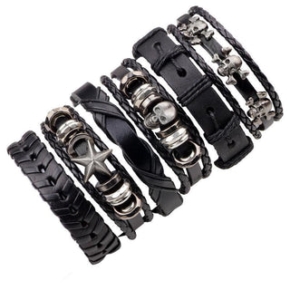 6pcs/set Leather Bracelet Multilayer Punk Skull
