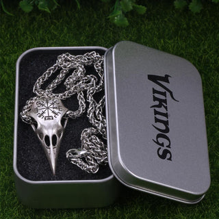 Nordic Vikings Vegvisir and Silver Raven Skull Necklace With Sigil Talisman - designfullprint