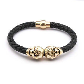 Hot Selling Fashion Braided Leather Gold Skull Women Men Bracelets