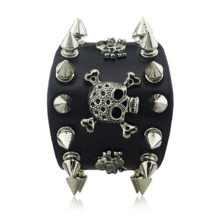 Rock Spikes Rivet Skull Wide Cuff Leather Bracelet - designfullprint