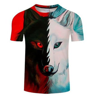Red and White Wolf Print Men Women T-shirt, O-neck Short Sleeve T- shirts - designfullprint