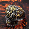 Stainless Steel Men's Gothic Gold Carving Kapala Skull Ring - designfullprint