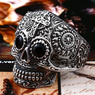 Stainless Steel Men's Gothic Gold Carving Kapala Skull Ring - designfullprint