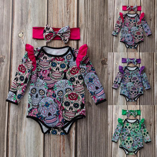 Sugar Skull Baby Girl Long Sleeve Body Suit with Headband Set - designfullprint