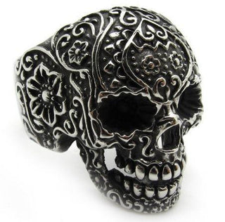 Stainless Steel Cool Hot Flower Skull Biker Silver Ring