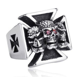Three Skull Iron Cross Ring
