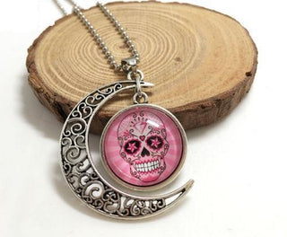 Pink Sugar Skull Hollow Moon Silver Necklace
