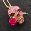 Crystal Enamel Rose Flower Skull Head Necklace