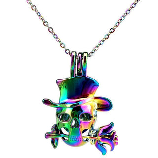 Rainbow Rose Skull Flower Locket Necklace