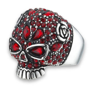 Large Garnet CZ Rose Skull Biker Ring