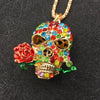 Crystal Enamel Rose Flower Skull Head Necklace