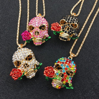 Crystal Enamel Rose Flower Skull Head Necklace