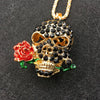 Crystal Enamel Rose Flower Skull Head Necklace