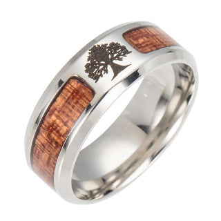 Yggdrasil Tree of Life Stainless Steel with Wood Inlay Band