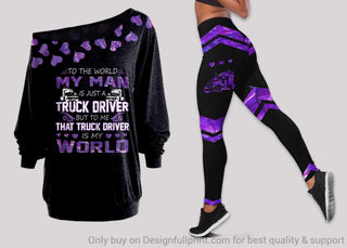 Gift For Trucker My Man My Truck Driver Is My World Trucker Wife Off Shoulder Long Sleeves Top and Leggings Set