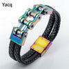 Black Leather Stainless Steel Chain Bracelet