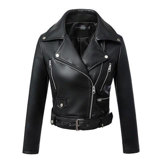 Winter Black Faux Leather Jackets with Zipper,Turn-down Collar Band Belt - designfullprint