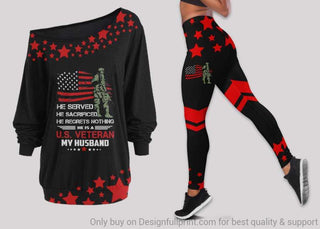 Gift For Veteran Lover Gift For Army He Served He Sacrificed He Regrets Nothing My Husband Is A US Veteran Off Shoulder Long Sleeves Top and Leggings Set LN