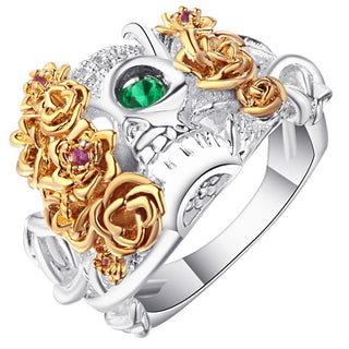 Vintage Silver Plated Green Eye Punk Style Skull Ring