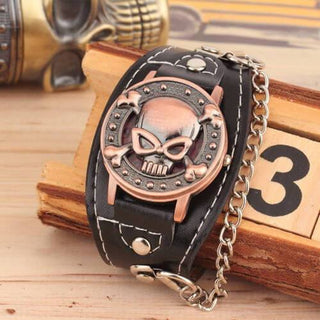Bikers Metal Skull Leather Chain Bracelet Wrist Watch