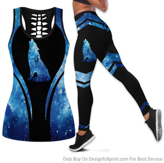 Gift For Wolf Lover Wolf Silhouette with Stars and Moon Tank Top And Leggings Set