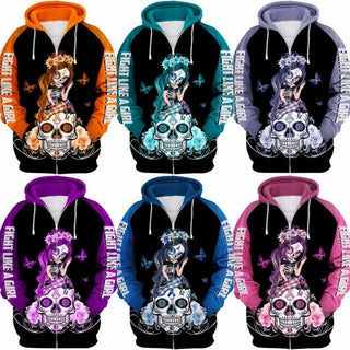 Skull Gift Multi-color Sugar Skull Girl Cancer Awareness Zip up Hoodie 3d Skull Hoodies 3d Skull Print Pocket Hoodie